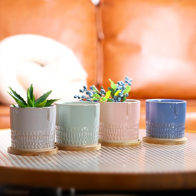 4 Inch Ceramic Planters with Drainage Hole and Bamboo Tray, Face Pattern Succulents Pots for Indoor Outdoor Plants, Cactus, Herbs, Multicolor, Set of 4