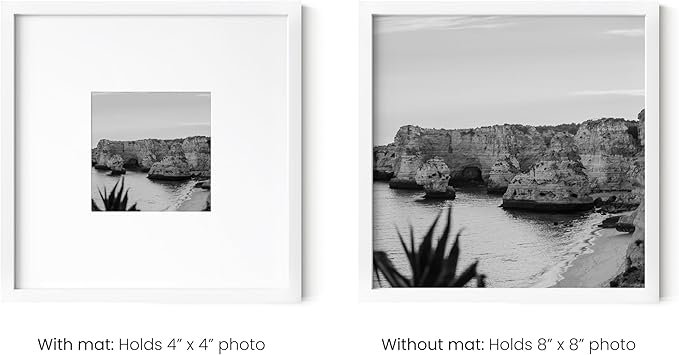 HAUS AND HUES 8x8 White Metal Frame Matted to 4x4 - Premium Aluminum, Shatterproof Plexiglass - Ideal for Home, Room, Office (8x8 in, White, Set of 1)