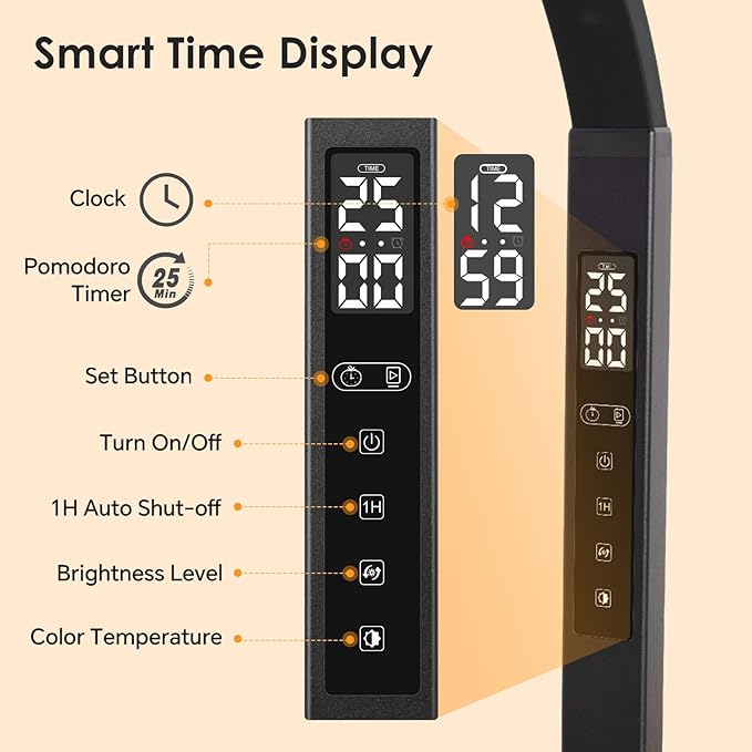 LED Desk Lamp for Office Home: Desk Light with Base 25 Min Pomodoro Timer, Clock LCD Display - 5 Color Stepless Dimming Adjustable Flexible Gooseneck, Lighting Table Lamp for Reading Study Drafting