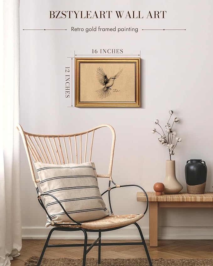 Bzstyleart Vintage Wall Art Decor,Framed Vintage Wall Decor Texas State Bird,Anthropologie Art,Birds Canvas Prints Home Decor,Sketch Painting Picture for Living Room Decor,12L x 16W