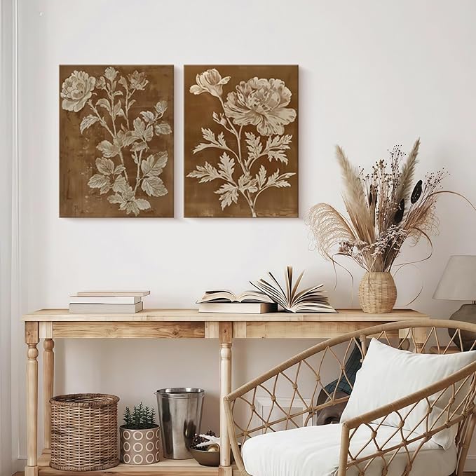2 Pcs Framed Vintage Botanical Floral Wall Art Brown Flowers Wall Decor Antique Plant Pictures Nature Boho Wildflower Poster Print for Living Room Bedroom 12x16 inch Ready to Hang