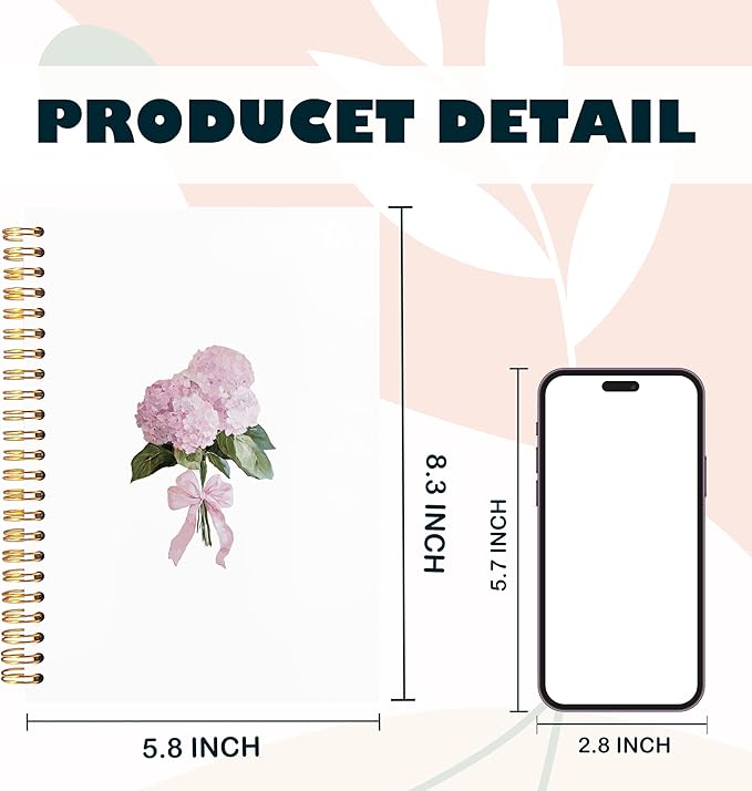 Hydrangea Pink Floral Notebook, Floral Notebook Journal Journaling for Note Taking, Aesthetic Spiral Notebook Journals for Writing, Spiral Notebook 5.5x8.3 Inch
