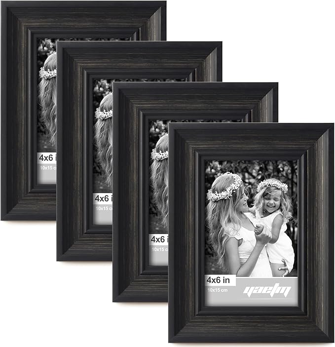 Yaetm Black 4x6 Picture Frame Set of 4, 1.4” Wide Molding & Distressed Black Photo Frames with HD Tempered Glass, Display on Tabletop & Wall Mounting