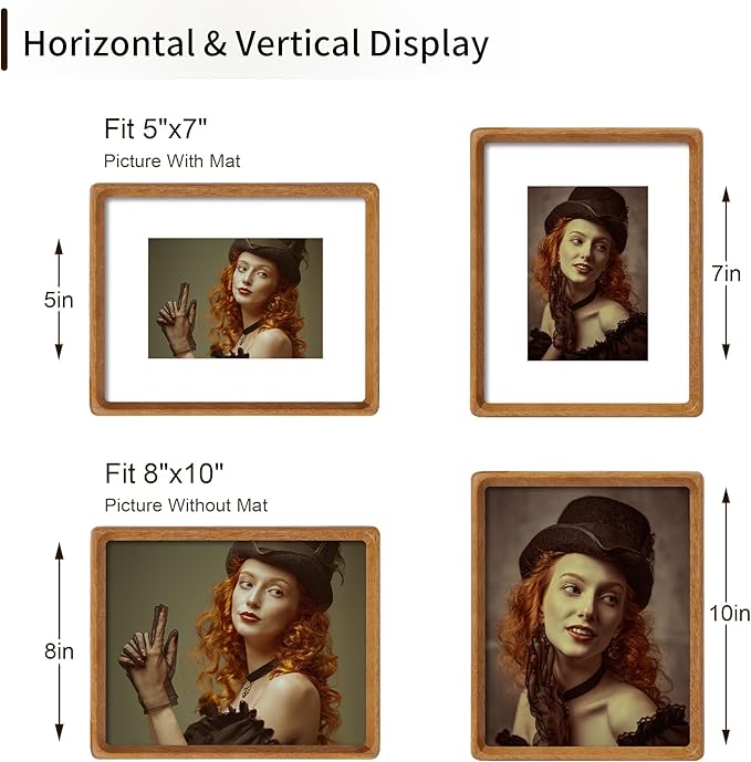 8x10 Picture Frame Natural Teak Wood with Mat for 5x7, Original Natural Solid Wood 8 by 10 Photo Frames with Tempered Glass Cover for Wall and Tabletop Display