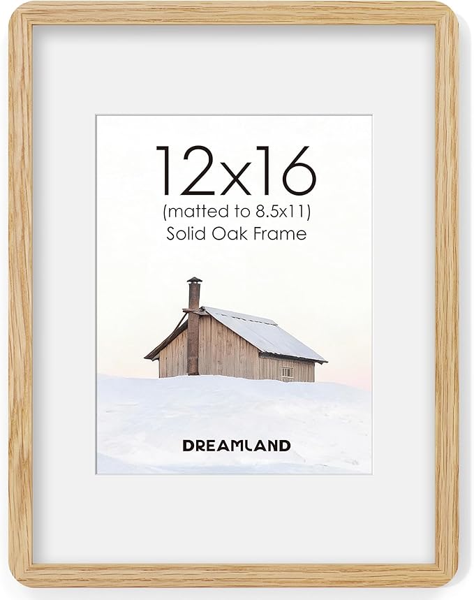 Dreamland 12x16 Picture Frame, Solid Oak Wood Photo Frame with Mat for 8.5x11, Round Corner 12 x 16 Matted Picture Frames with Resistant Plexiglass for Wall Mounting or Tabletop, Oak Color, Set of 1