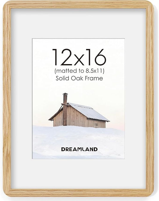 Dreamland 12x16 Picture Frame, Solid Oak Wood Photo Frame with Mat for 8.5x11, Round Corner 12 x 16 Matted Picture Frames with Resistant Plexiglass for Wall Mounting or Tabletop, Oak Color, Set of 1