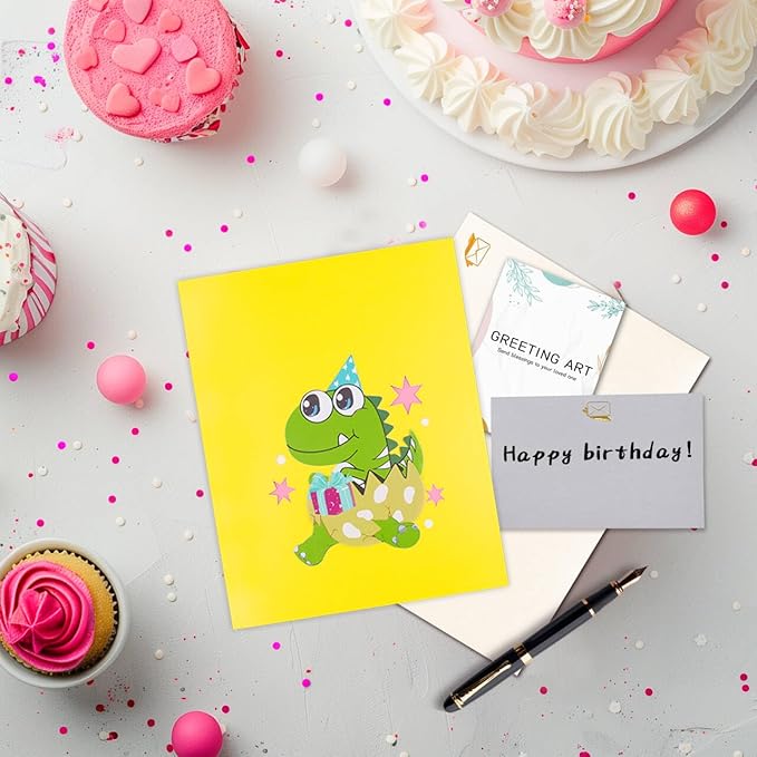 GREETING ART Dinosaur Musical Birthday Cards for Kids, Light & Music Pop Up Birthday Cards with Envelope, Dinosaur Theme Birthday Party Gifts for Son Grandson Women Men