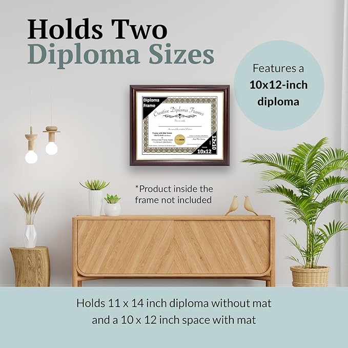Creative Picture Frames 10x12 Mahogany Gold Rim Diploma Frame with White Mat Glass Easel and Installed Wall Hangers | Frame Holds 11x14 Media without Mat