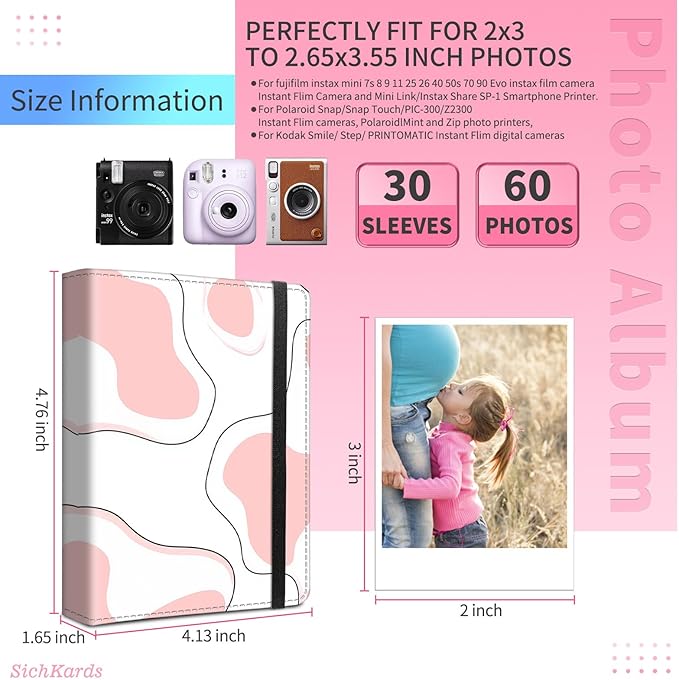 Mini Photo Album 2x3,60 Photos Capacity,PU Leather Cover with Elastic Band,High Definition Waterproof PP Pages for Family Wedding Anniversary Baby Record,Pink cow