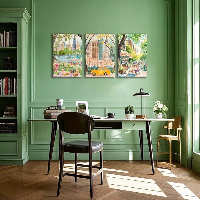 XLARTMY New York City Poster Travel Wall Art Canvas Framed Watercolor NYC Central Park Landmarks Artwork Decor Painting Prints Pictures Set of 3 for Bedroom Living Room Bathroom Office 16x24in
