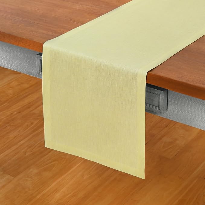 Solino Home Linen Chambray Yellow Table Runner 90 Inches Long - Athena, 100% Pure Linen 14 x 90 Inch Table Runner for Spring, Easter
