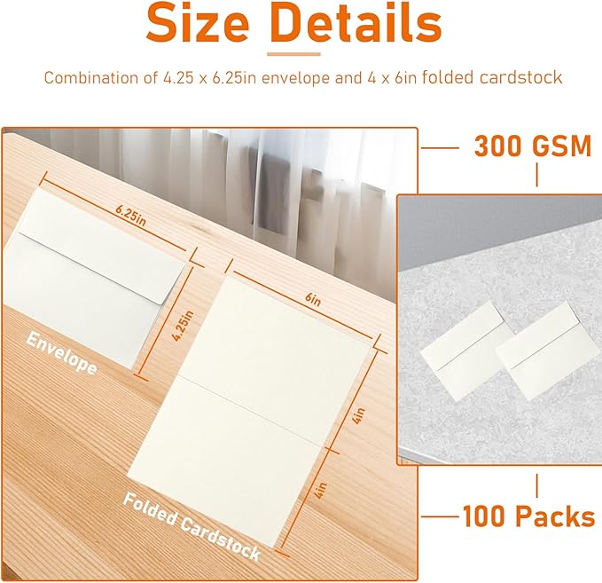 100 packs Cream Greeting Cards and Envelopes 4 x 6 Heavyweight Folded Off White Cardstock and A4 Envelopes Printable Self Seal for Wedding Invitations, Festival Blessing