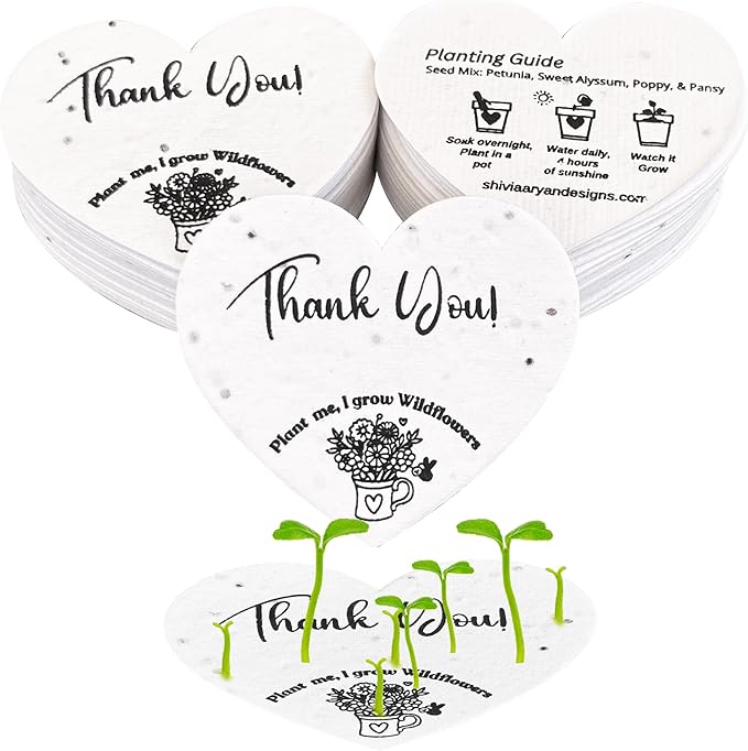 50 Plantable Seed Paper Hearts with Wildflower Seeds- A Thank You Card That Grows | A Memorable Gift Tag That Keeps Giving | 2.5in x 2in Thank You Note for Bridal Shower, Weddings, Holidays, and for Small Business Thank You Cards