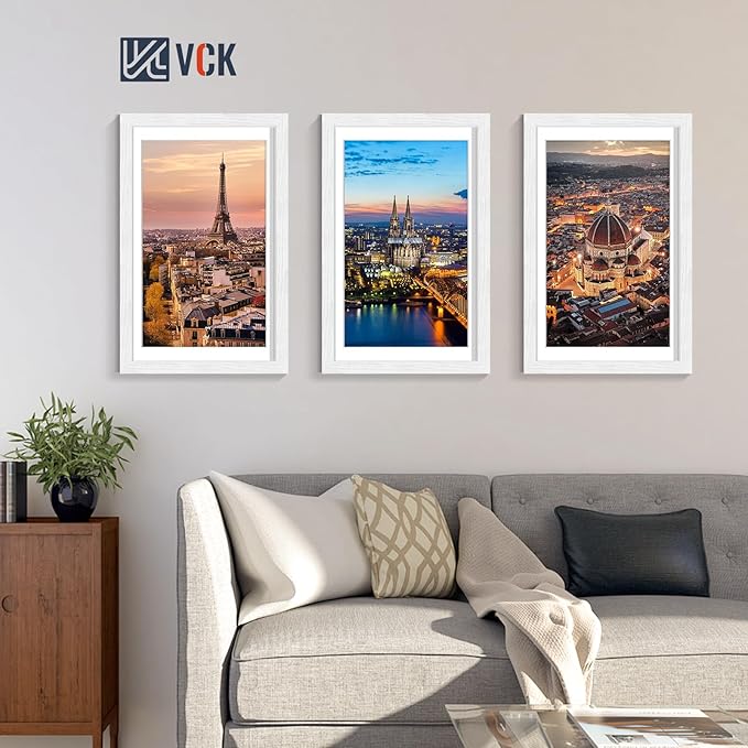 VCK 11x17 Picture Frames White Set of 5, Wide Border Wood, Tempered Glass, Display 9x15 Photo with Mat or 11 x 17 without, for Home, Office, Gallery, Woodgrain Series, Wall Hanging