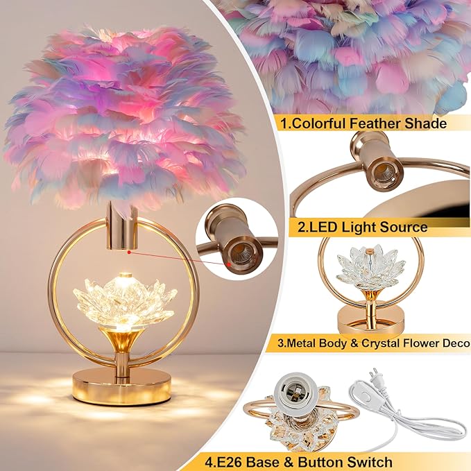 Colorful Feather Lamp 17IN Unique Fluffy Table Lamp Crystal Feather Bedside Nightstand Lamp Nordic Desk Light for Girl Bedroom Wedding Christmas Gift Deco Living Room Entry Office