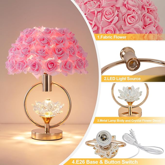 Modern Pink Rose Table Lamp with Crystal 17IN Romantic Flower Bedside Lamp Princess Nightstand Lamp Creative Desk Light for Girl Bedroom Living Room Entry Hotel Wedding Christmas Gift