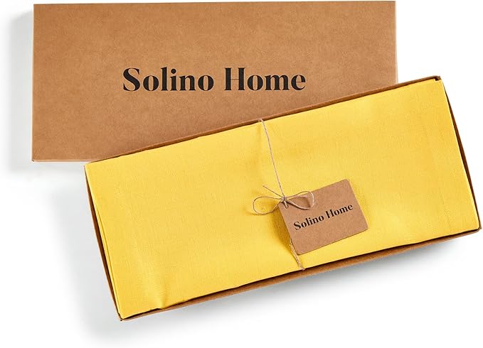 Solino Home Linen Table Runner 60 Inches - 100% Pure Linen Marigold Yellow Table Runner 14 x 60 Inch Ideal for Dresser and Coffee Tables, Spring, Easter - Diana Medium Weight