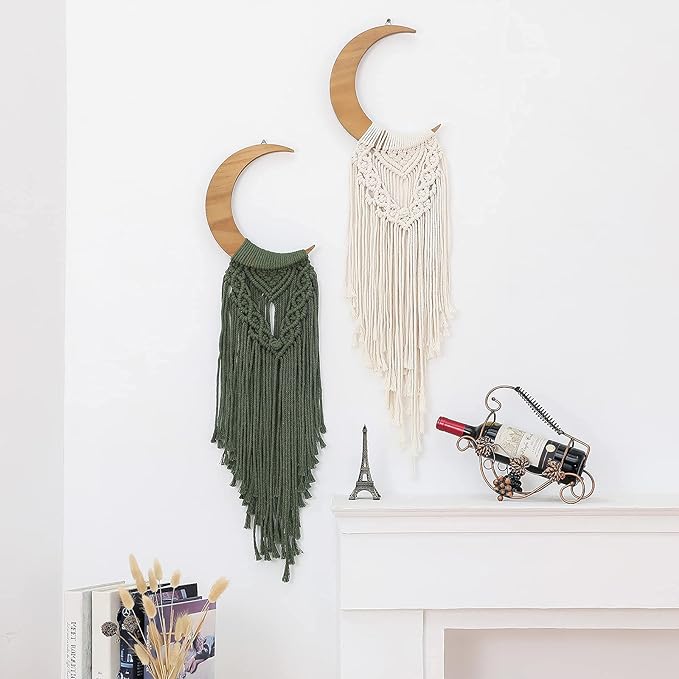 ANROYE Macrame Wall Hanging Boho Moon Decor, Bohemian Crescent Wooden Ornament with Long Tassel, Handmade Unique Wood Tapestry Home Decoration Wall Art Gift for Dorm Bedroom Nursery Living Room