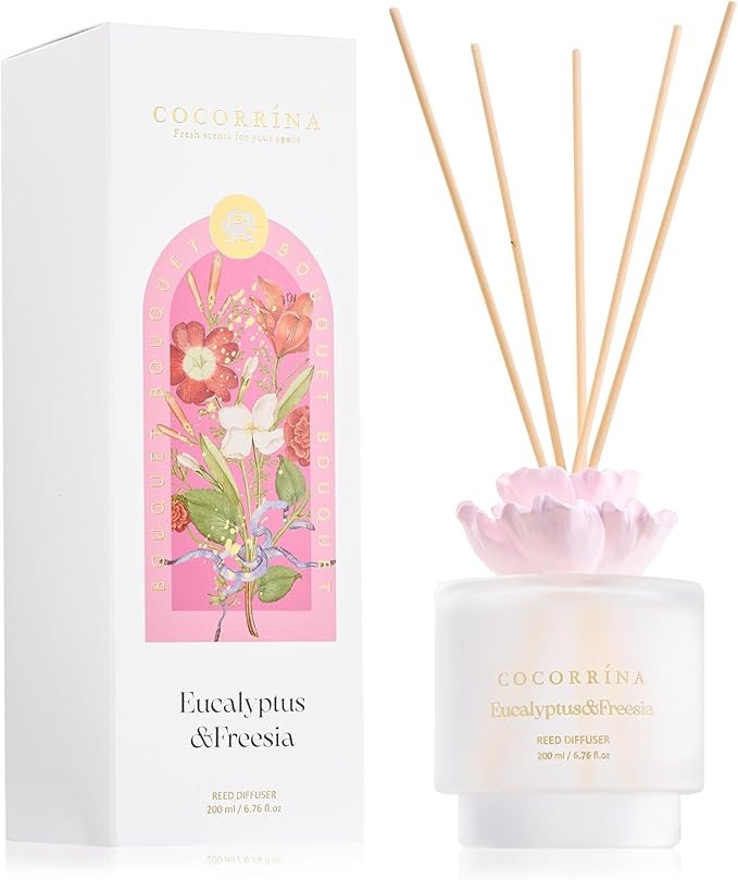 COCORRÍNA Gypsum Flower Reed Diffuser – Eucalyptus & Freesia Scent, 6.76 oz Oil with 8 Sticks, Long-Lasting Home Fragrance for Bathroom Décor