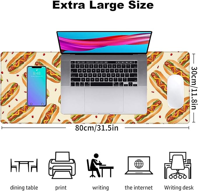 Hot Dog Gaming Mouse Pad, Office Desk Mat, Anti-Slip Rubber Base Cool Aesthetic Mouse Pads for Computer Laptop Keyboard School Home Desktop Gamer Home Accessories Decor 31.5" x 11.8"
