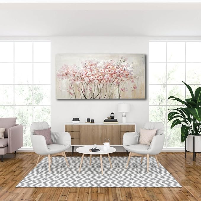 YJYart Home Decor Pink Blossom Hand Painted 30x60 Inch Colorful Wall Art Large Canvas Wall Art for Living Room Bedroom Office Kitchen