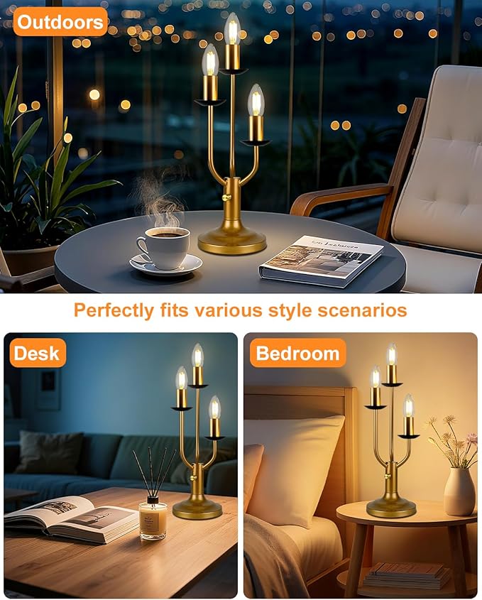 Lightdot Vintage Candle Table Lamp 3 - Light Candelabra Desk Lamp for Wedding/Party, 3000K Warm White Mid Century Nightstand Lamp Dimmable Bedside Lamps for Bedroom/Dining - Gold