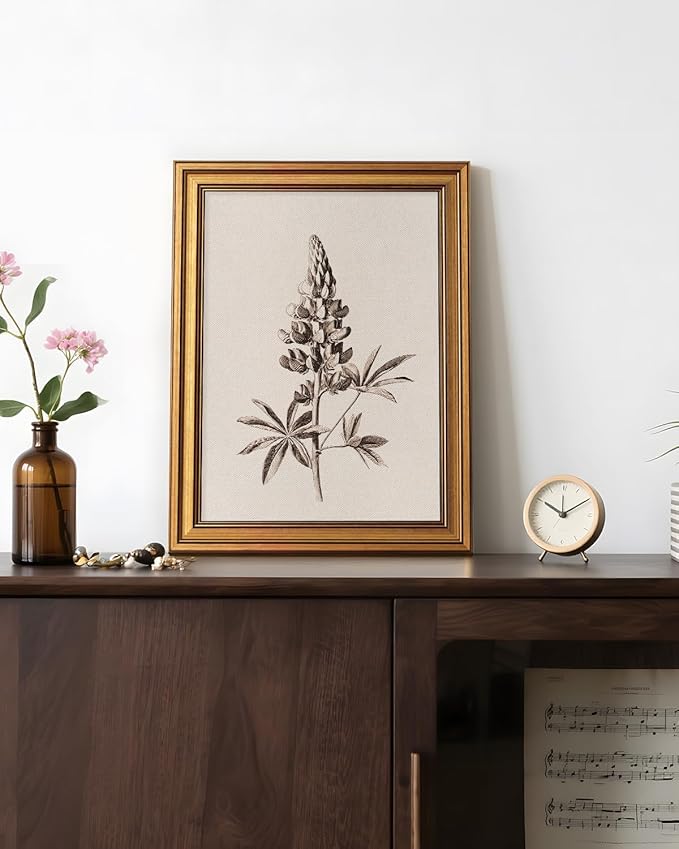 Bzstyleart Vintage Wall Art Decor for Living Room,Upinus Texensis Flowers Painting,Gold Framed Artwork,Sketching Painting Picture,Bedroom Wall Art for Home Decor Aesthetic,12L x 16W