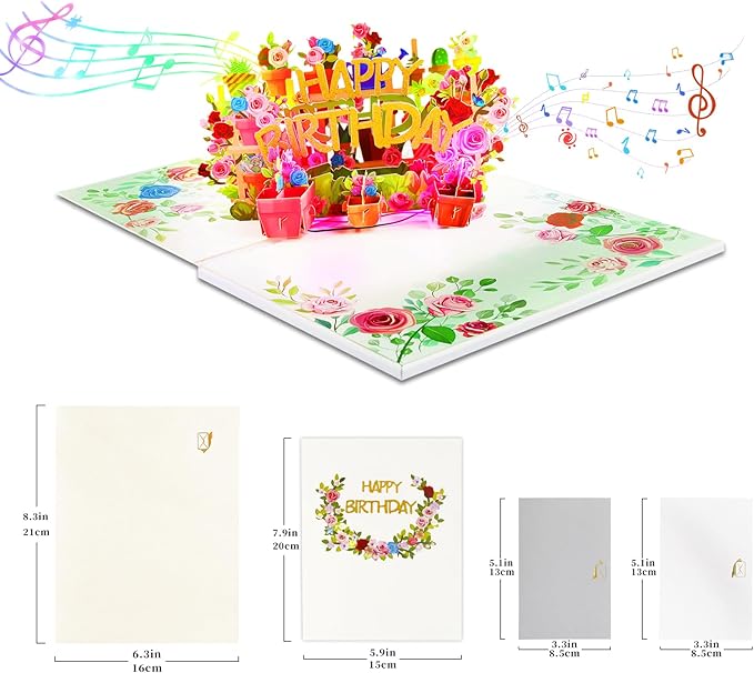 GREETING ART Musical Flower Birthday Card, Light and Music Pop Up Happy Birthday Card, Flower 3D Pop Up Birthday Gift Card for Women Wife Mom Daughter Sister