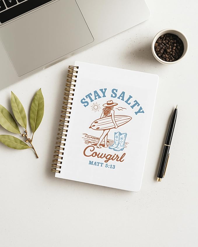Christian Coastal Cowgirl Notebook, Western Surfing Cowgirl Journal, Summer Coastal Beach Journal for Writing, Matthew 5:13 Bible Verse Spiral Notebook, 5.5x8.3 Inch 559