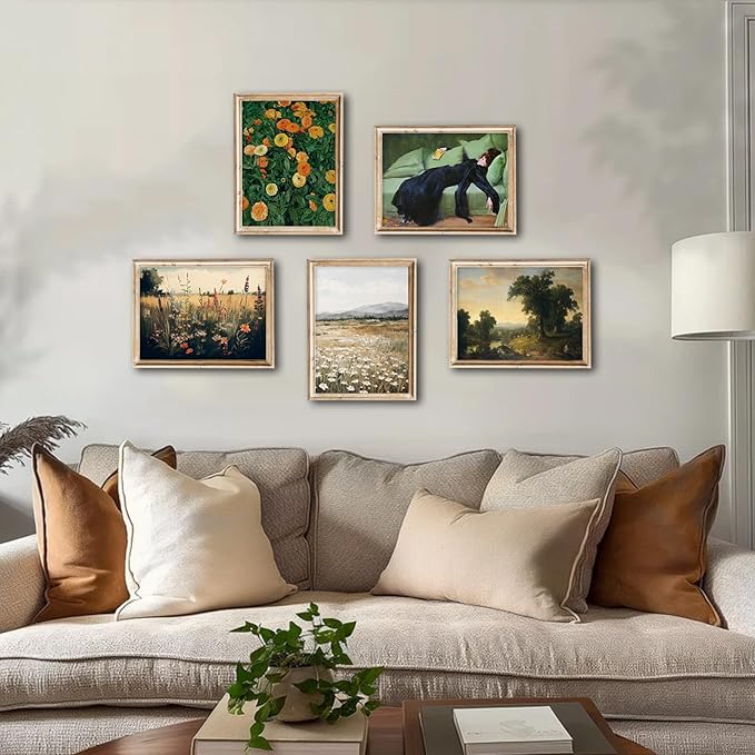 Vintage Wall Art, Classical Wildflower Field Wall Painting Canvas Prints Farmhouse Wall Art French Country Wall Decor Vintage Landscape Art Pictures for Bathroom Kitchen Decor(8" x 10"-UNFRAMED)