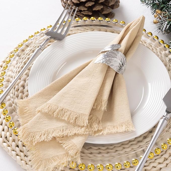 12 Pack Champagne Cotton Linen Napkins with Fringe Spring Cloth Napkins Set of 12 Boho Handmade Dinner Napkins Bulk for Wedding Bridal Baby Shower Valentine's Day, 17 x 17 Inches