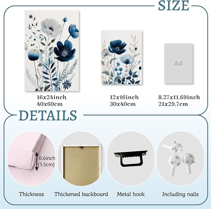 LLEEMPI Framed Navy Blue Floral Wall Art Set of 3, Modern Wildflower Wall Decor, Watercolor Botanical Canvas Paintings, Classic Minimalist Poster Prints for Bedroom Bathroom Office 16x24 Inch