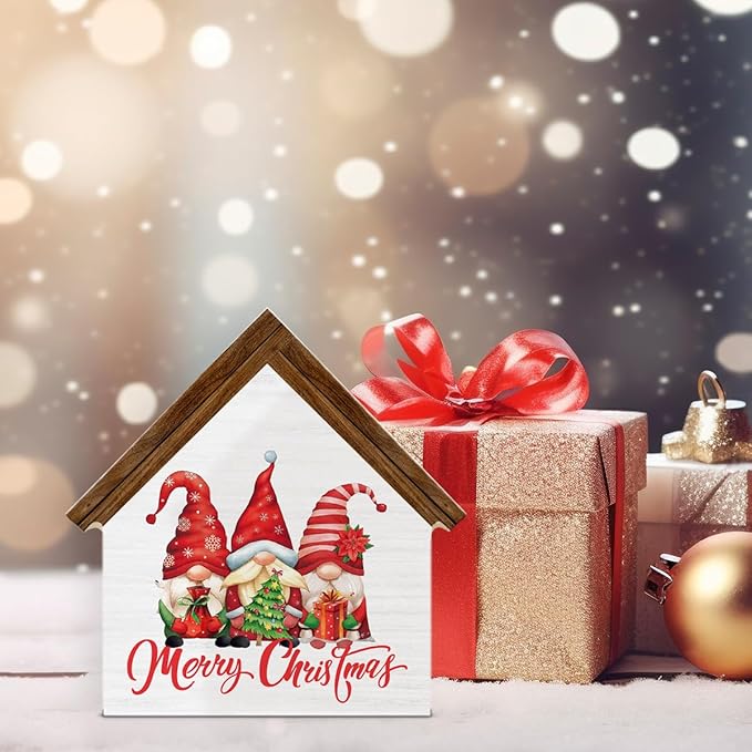 Gnome Christmas Decorations, Merry Christmas Gnomes House Shaped Wood Sign, Farmhouse Home Decor for Desk Table Shelf