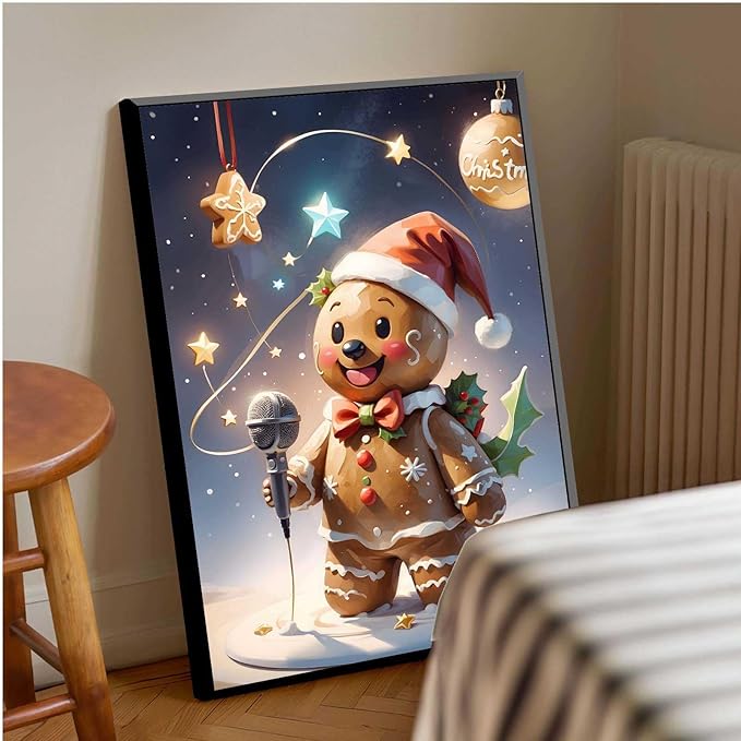 Framed Canvas Wall Art festive gingerbread character Funny Christmas Poster Trendy Christmas Decor 24x36in Metal blackFramed