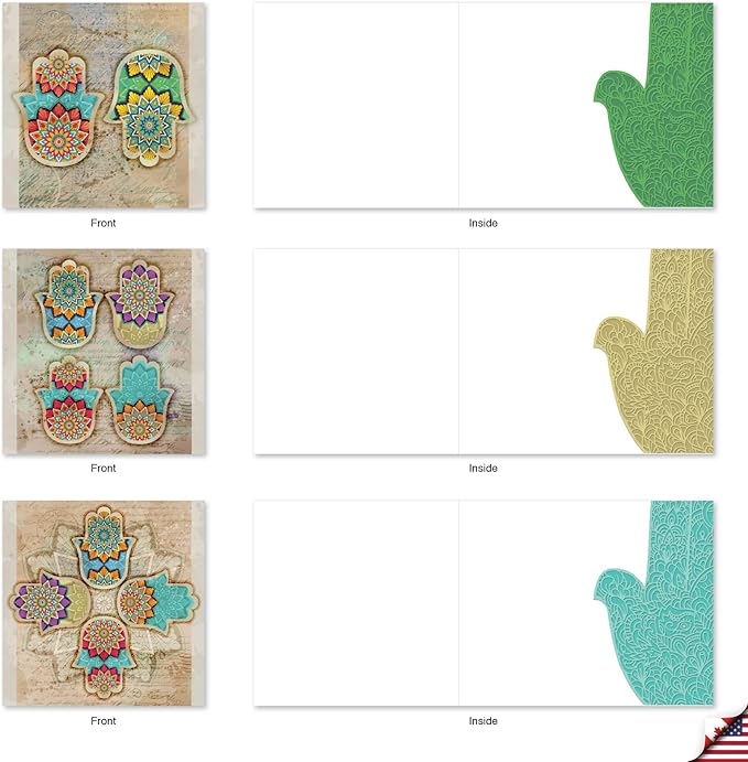 The Best Card Company - 10 Blank Note Cards Assortment for Men and Women (4 x 5.12 Inch) - Zen Patterns and Symbols, Bulk Boxed Set - Hamsa MQ5204OCB-B1x10