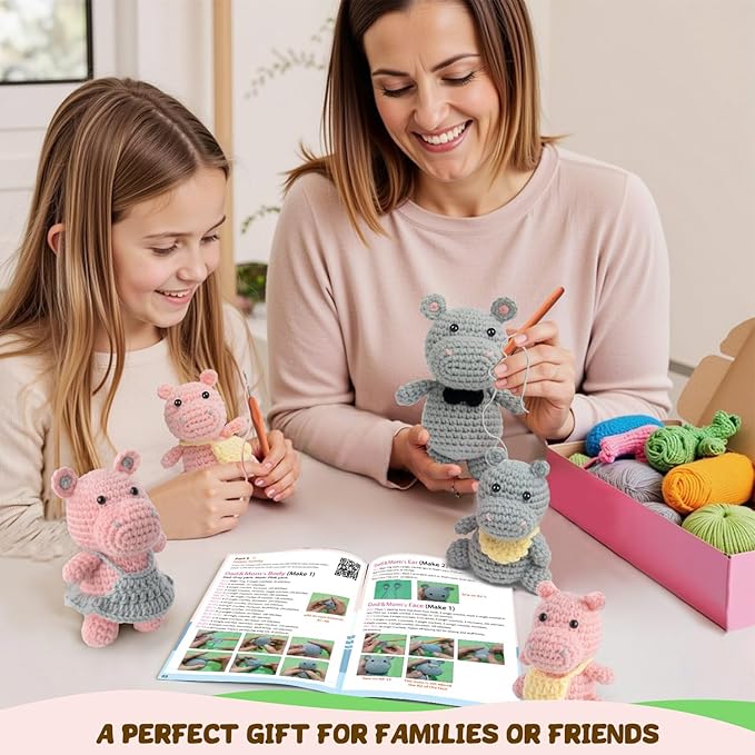 POP COCHE Crochet Kit for Beginners, Crochet Starter Kits for Adults, Amigurumi Craft Knitting Crochet Animal Kit with Step-by-Step Video Tutorials, Hippo Family (40%+ Yarn)