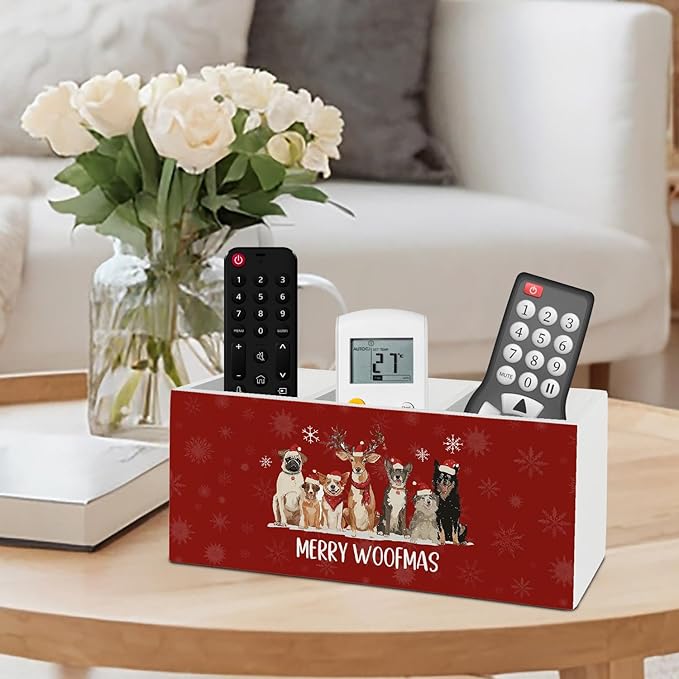 Dog Christmas Pen Pencil Holder Organizer for Desk Accessories, Merry Woofmas Christmas Wooden Box Sign Desk Decor for Home Office Decoration, Dog Mom Dad Lovers Gifts for Women Men