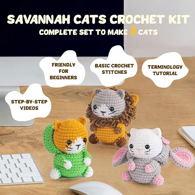 POP COCHE Crochet Kit for Beginners, Crochet Starter Kits for Adults, Amigurumi Craft Knitting Crochet Animal Kit with Step-by-Step Video Tutorials, 3 Grassland Cats (40%+ Yarn)