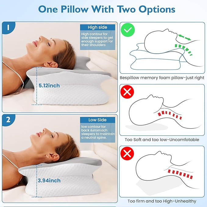 2PCS Cervical Pillow for Neck Pain Relief, Neck Pillow for Sleeping Side Sleeper Ergonomic Memory Foam Support Pillows Back Sleepers for Sleeping,Machine Washable Pillowcase Grey