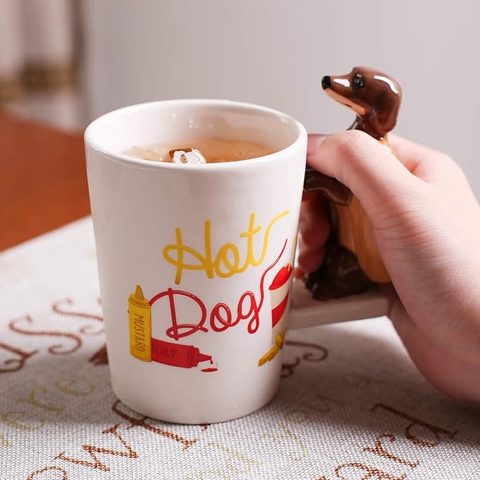 Ceramic Mug for Home & Office, Creative Porcelain 3D Animal Cup with Handle for Coffee, Tea, Juice, Milk & Water, 13.5 oz. Hotdog Dachshund Mug Gift, 5.1" H