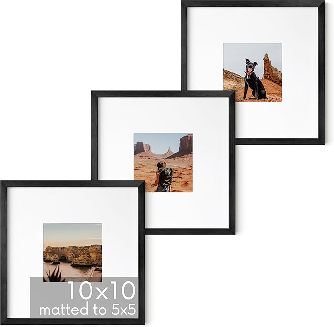 HAUS AND HUES 10x10 Black Metal Picture Frames Matted to 5x5 - Features Premium Aluminum & Hanging Hardware, Shatterproof Plexiglass - Ideal for Home, Room, Office (10x10 in, Black, Set of 3)