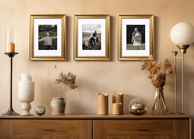 Yaetm Gold 9x12 Picture Frame Matted to 6x8 Set of 4, 1.4” Wide Molding & Rustic Gold Photo Frames 9 x 12 with Tempered Glass, Display on Tabletop & Wall Mounting, 4 Pack