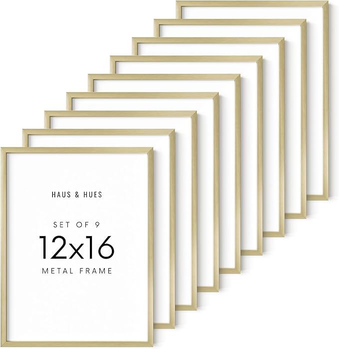 HAUS AND HUES 12x16 Gold Metal Picture Frames - Premium Aluminum with Vertical & Horizontal Hanging, Shatterproof Plexiglass - Ideal for Home, Office (12x16 in, Gold, Set of 9)