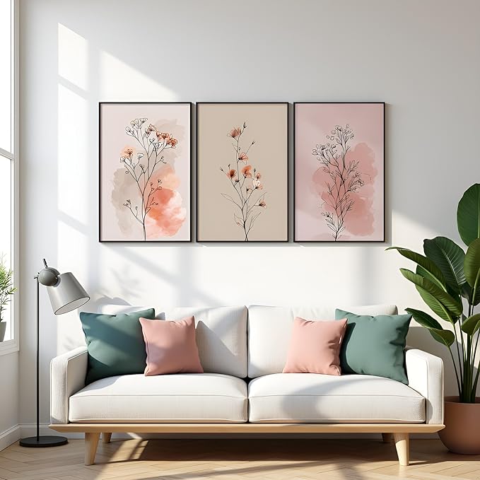 okudolit Boho Vintage Flower Wall Art Set of 3 Minimalist Floral Botanical Prints Rustic Wildflower Wall Decor Beige and Pink Neutral Plant Painting for Living Room Bedroom Office-16x24in