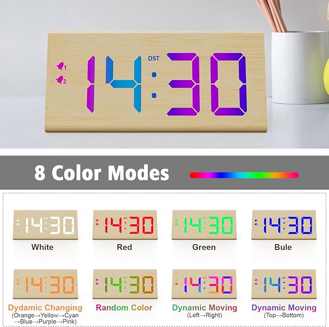 Wooden Digital Alarm Clock with Dual USB Charging Ports, DST, Dimmable, Snooze, RGB Colors, Modern Large Time Display LED Clock for Kids Bedrooms, Living Room, Desk,Table, Bedside,Nightstand (Bamboo)