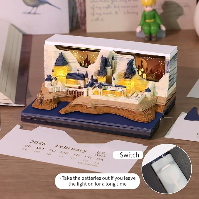 3D Time Piece Calendar 2026 3D Tear Away Art Memo Pad Notepad Desk Calendar with Light,3D Art Calendar Desktop Decoration Gift for Christmas (Castle)