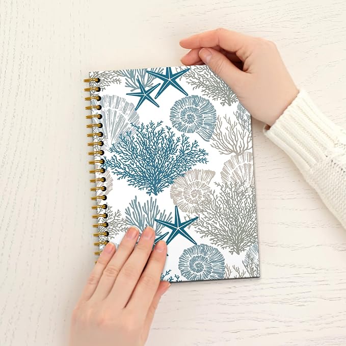 Vintage Beach Ocean Notebook, Ocean Themed Gifts Journal, Preppy Beachy Nautical Journal, Beach Office Decor, Coastal Starfish Carol Seashell Hardcover Spiral Notebooks, 5.5x8.3 Inch
