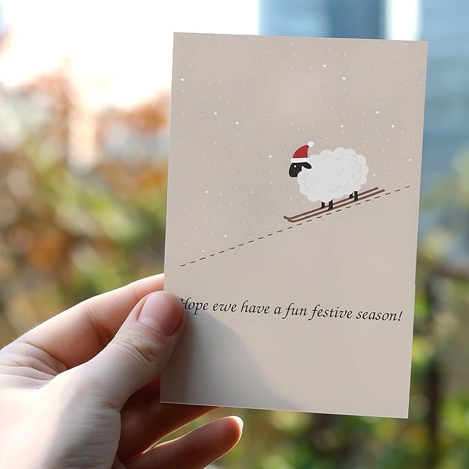(5.3x8in) Hope Ewe Have a Fun Festive Season Card with Envelope, Cute Sheep Christmas Pun Design, Funny Holiday Greeting for Friends, Family, Coworkers, and Animal Lovers (Xmas 32)