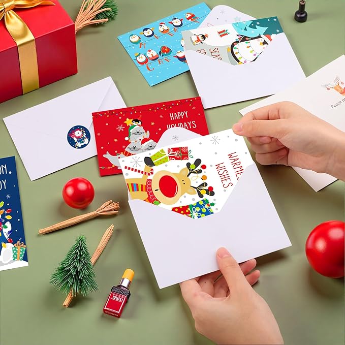Christmas Cards with Envelopes & Stickers, 36 Pack 4x6 Inch Merry Christmas Cards, Funny Holiday Card, 6 Assorted Designs Greeting Card for Xmas