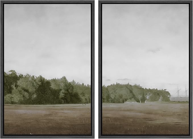 SIGNWIN Framed Canvas Print Wall Art Set Green Mountain Hill Forest Landscape Nature Wilderness Illustrations Fine Art Farmhouse/Country Minimal for Living Room, Bedroom, Office - 16"x24"x2 Black
